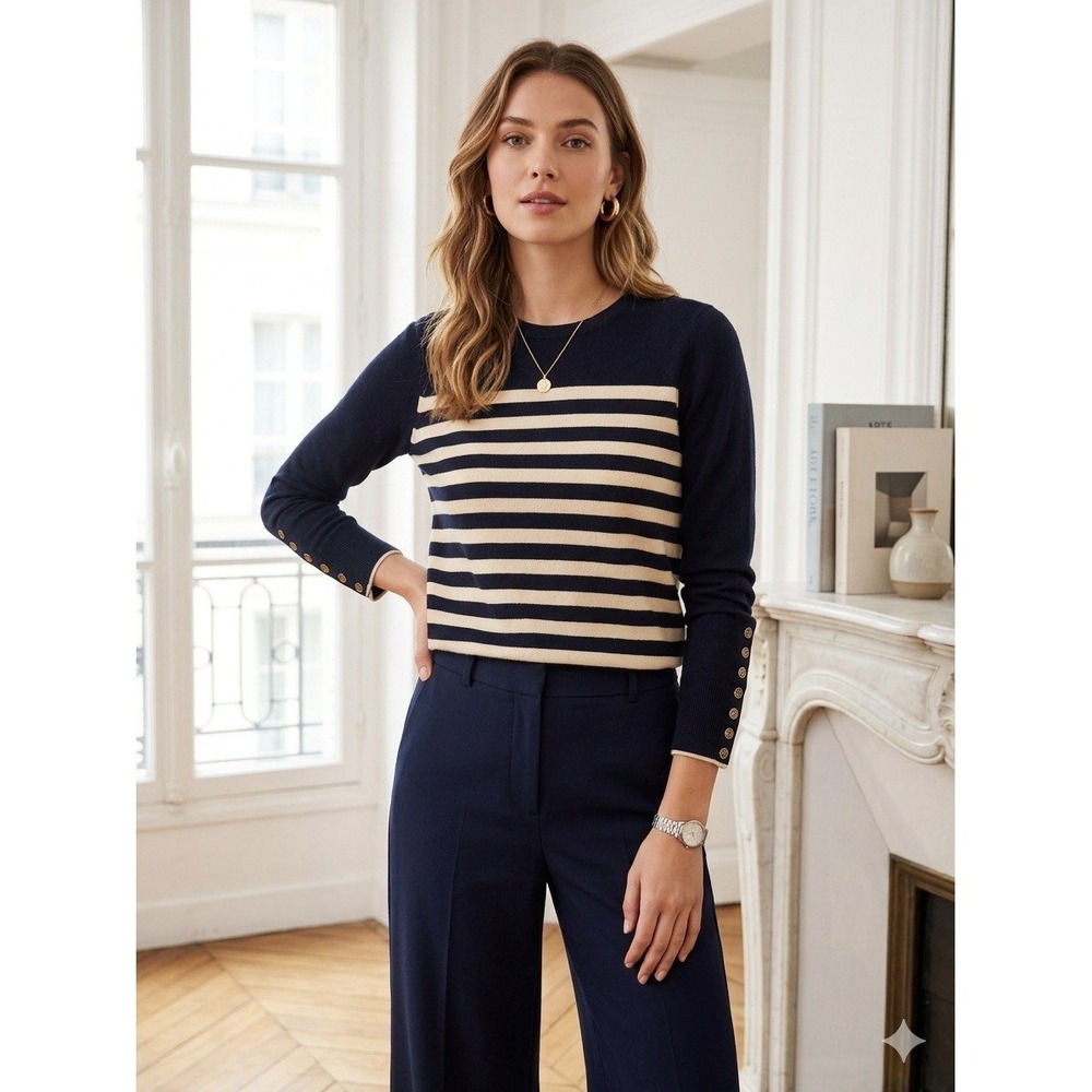J.‎ McLaughlin Sweater XS Black Beige Striped Gold Button Cuff Cotton Modal Knit